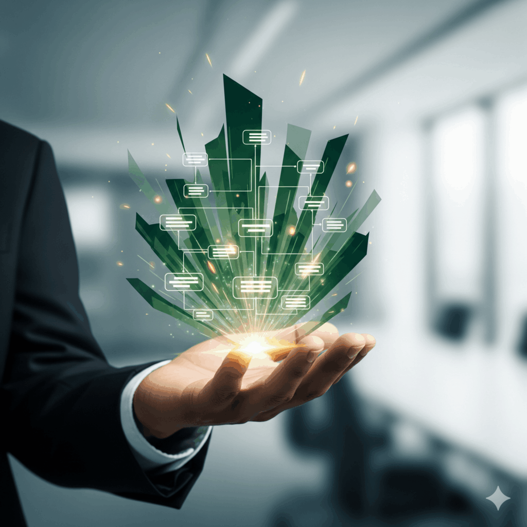 Professional hand holding a glowing systematic flowchart of green and gold light, symbolizing the clear, structured guidance provided for LPC exam preparation.
