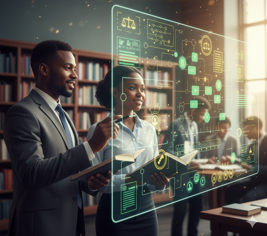 Two professional Black attorneys (a man and a woman) in a library setting holding open legal books, looking at a large, glowing, transparent digital display showing a legal process flowchart, data points, and scales of justice icons. The image visually represents modern, systematic legal guidance and mentorship.