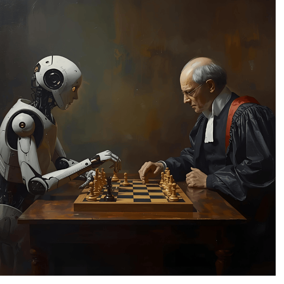 A robotic hand playing chess with a human judge, symbolizing the strategic challenges and collaboration between AI and the legal profession in South Africa.